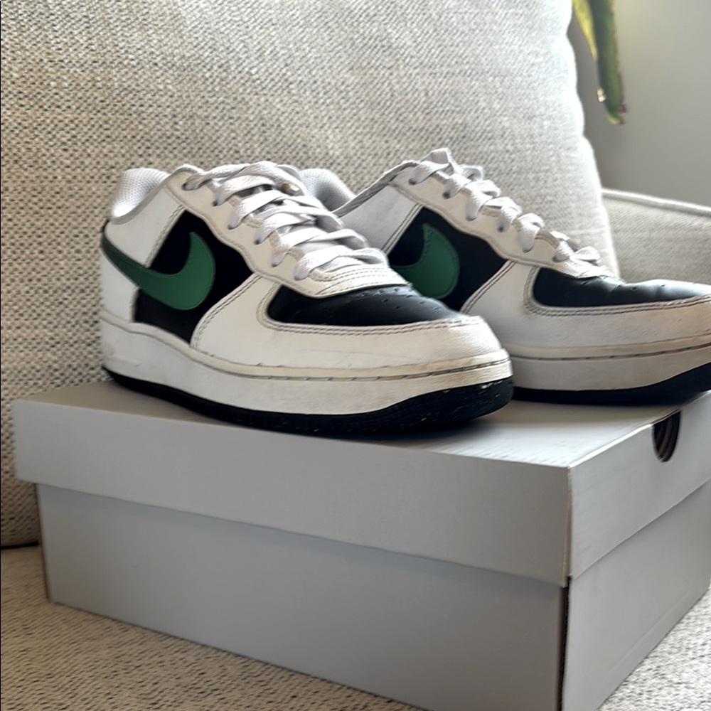 Nike White and Black Sneakers with Green Swoosh